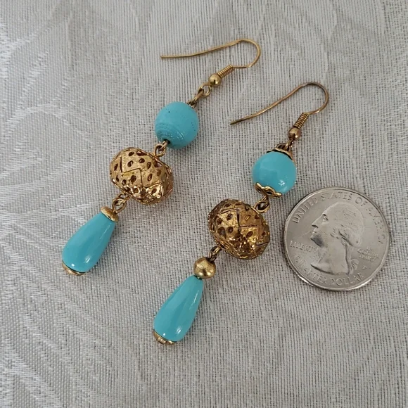 Gold and Blue Statement Earrings with Elegant Design - Picture 2 of 4